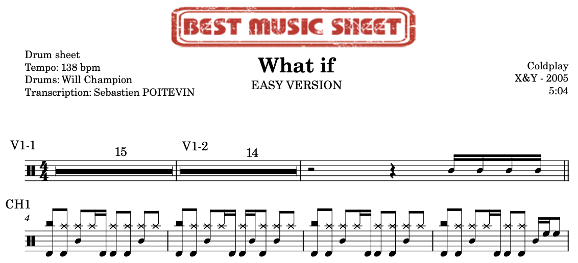 Sample drum sheet easy of What if by Coldplay