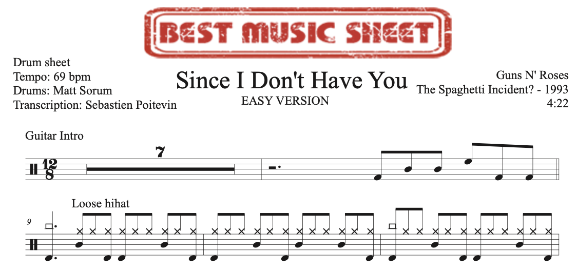 Sample drum sheet easy of Since I Don’t Have You by Guns n' Roses