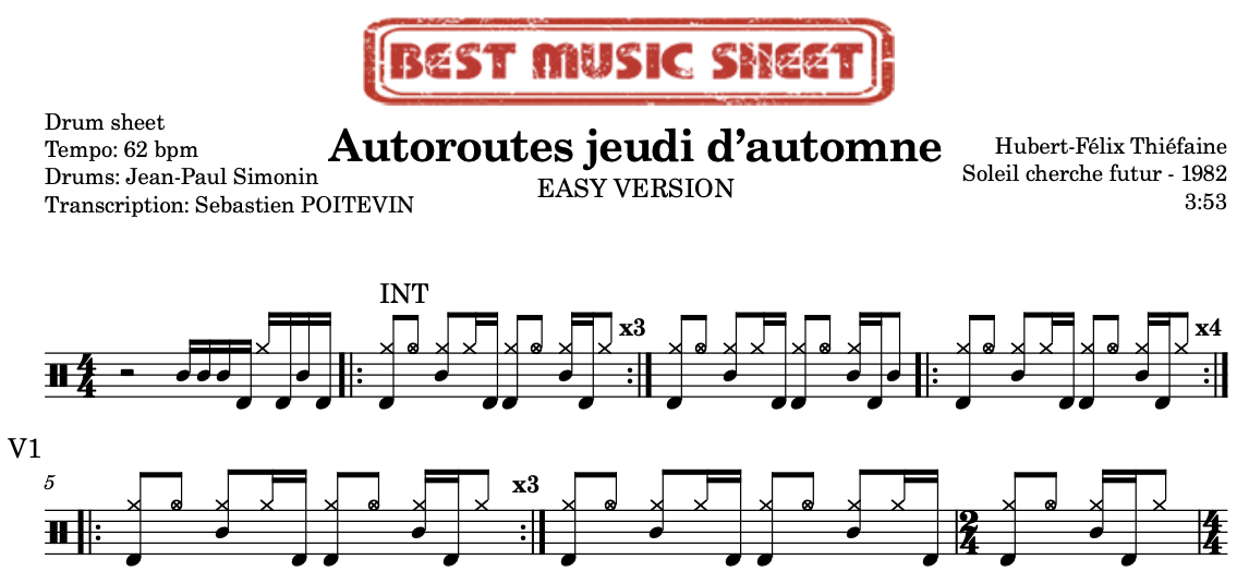 Sample drum sheet easy of Autoroutes jeudi d’automne by Hubert-Félix Thiéfaine
