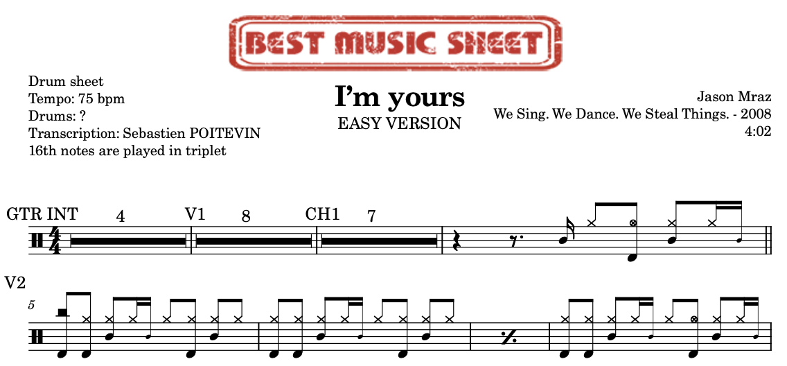 Sample drum sheet easy of I'm yours by Jason Mraz