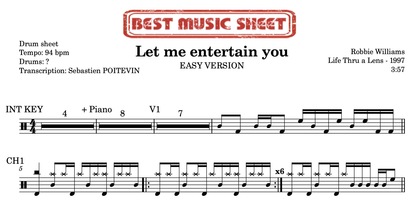 Sample drum sheet easy of Let me entertain you by Robbie Williams