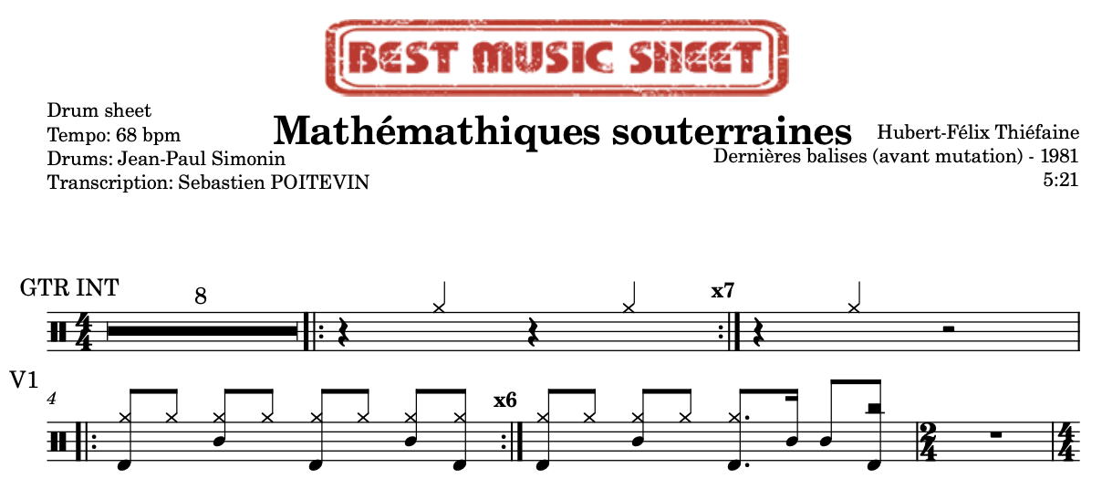 Extrait partition de batterie Mathémathiques souterraines de Hubert-Félix Thiéfaine