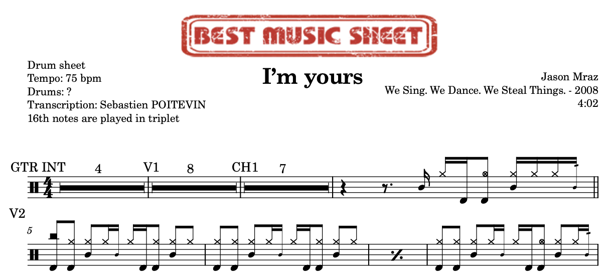 Sample drum sheet of I'm yours by Jason Mraz