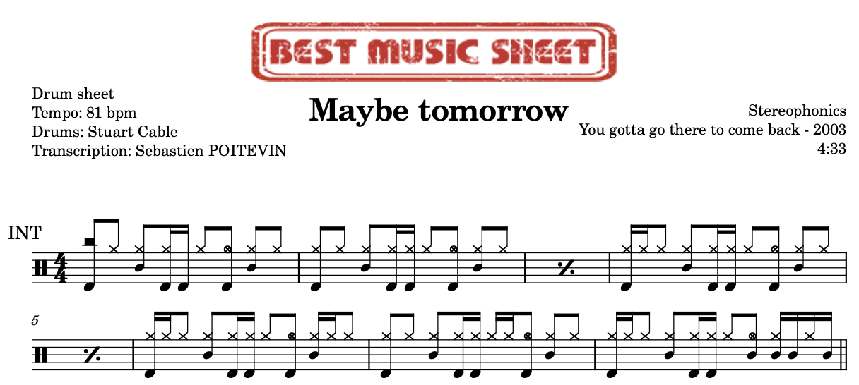 Sample drum sheet of Maybe tomorrow by Stereophonics