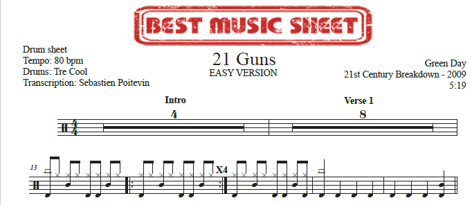 Sample drum sheet easy of 21 Guns by Green Day