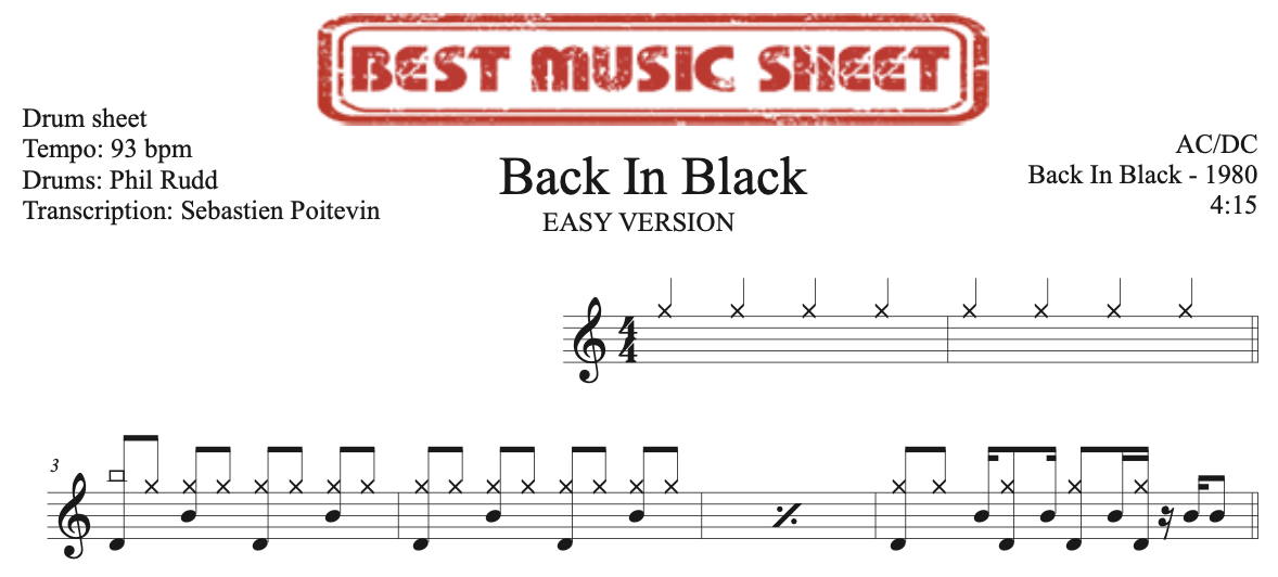 Sample drum sheet easy of Back in Black by AC DC