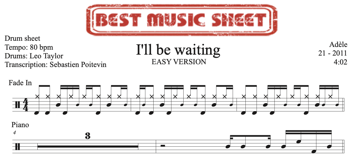 Sample drum sheet easy of I'll Be Waiting by Adele