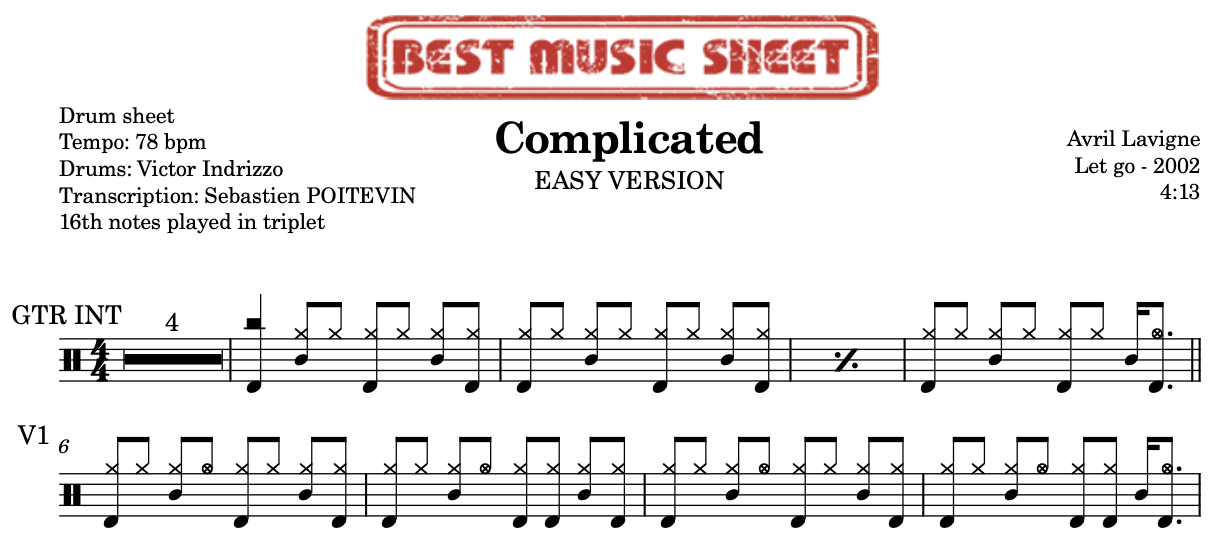 Sample drum sheet easy of Complicated by Avril Lavigne