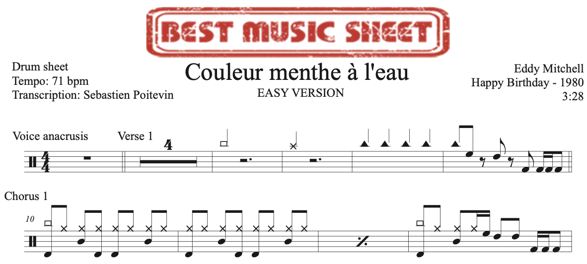 Sample drum sheet easy of Couleur Menthe à l’Eau by Eddy Mitchell