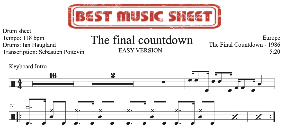 Sample drum sheet easy of The Final Countdown by Europe