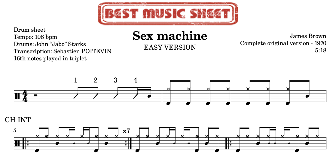 Sample drum sheet easy of Sex machine by James Brown
