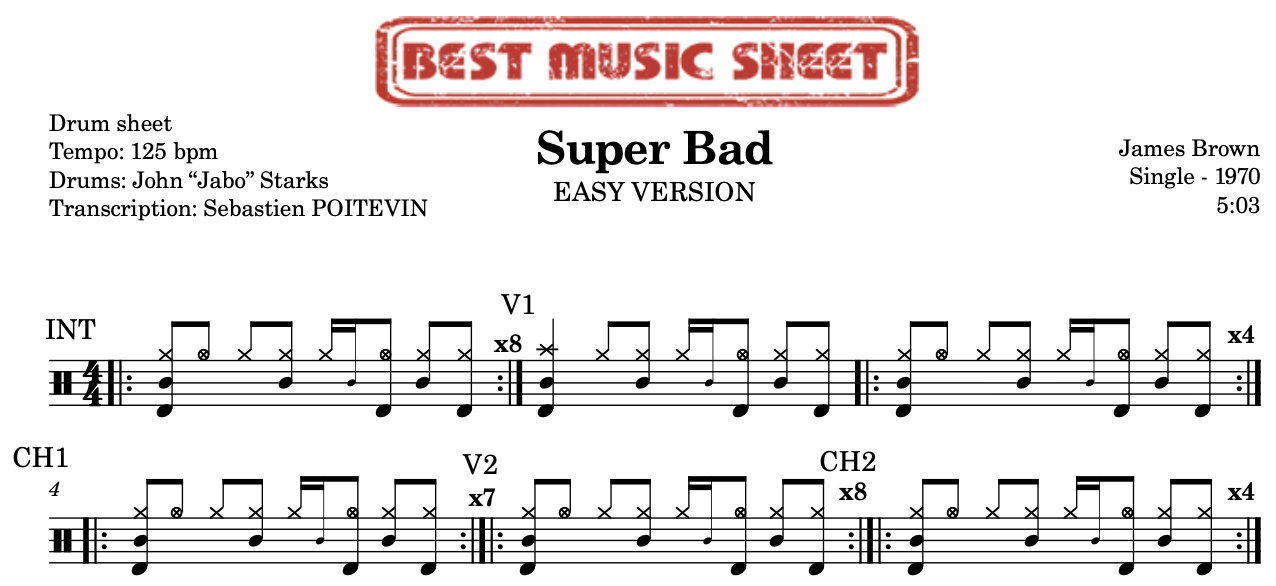 Sample drum sheet easy of Super Bad by James Brown
