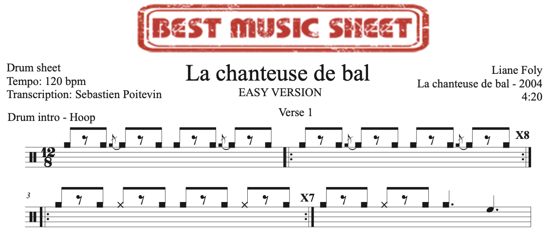 Extrait partition de batterie facile La Chanteuse de Bal de Liane Foly