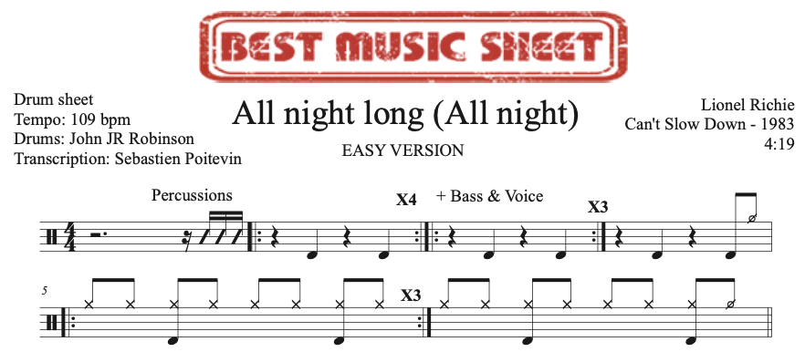 Sample drum sheet easy of All Night Long (All Night) by Lionel Richie