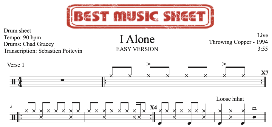 Sample drum sheet easy of I Alone by Live