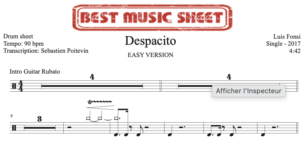 Sample drum sheet easy of Despacito by Luis Fonsi