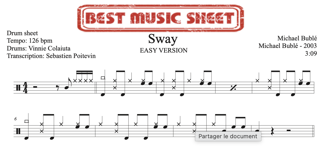 Sample drum sheet easy of Sway by Michael Buble