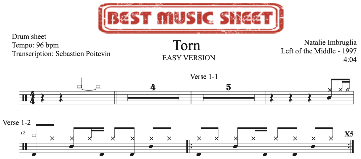 Sample drum sheet easy of Torn by Natalie Imbruglia