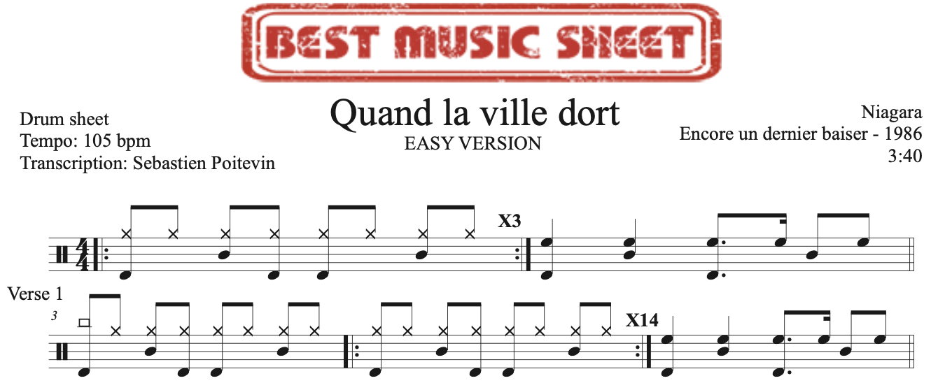 Sample drum sheet easy of Quand La Ville Dort by Niagara