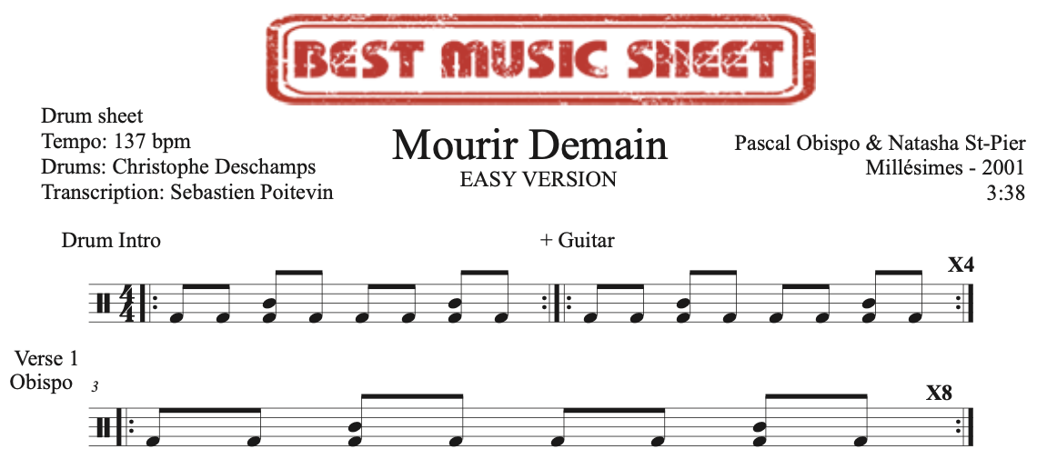 Sample drum sheet easy of Mourir Demain by Pascal Obispo & Natasha St Pierre