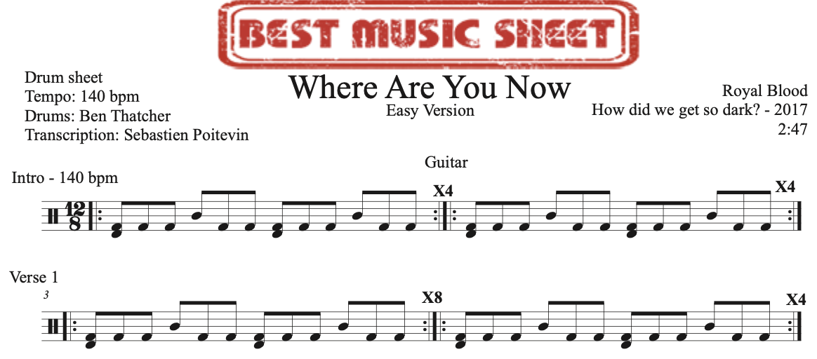 Sample drum sheet easy of Where Are You Now by Royal Blood