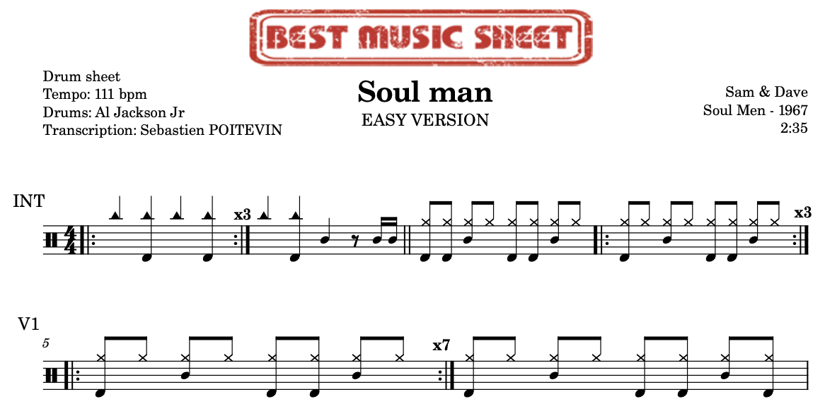 Sample drum sheet easy of Soul man by Sam & Dave