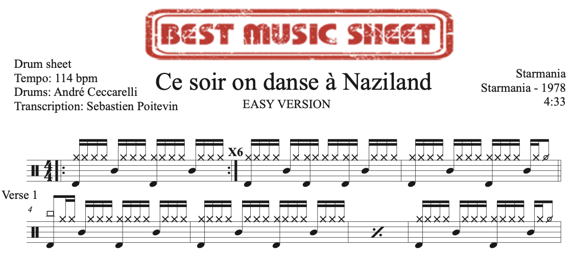 Sample drum sheet easy of Ce Soir On Danse à Naziland by Starmania