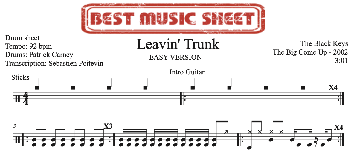 Sample drum sheet easy of Leavin’ Trunk by The Black Keys