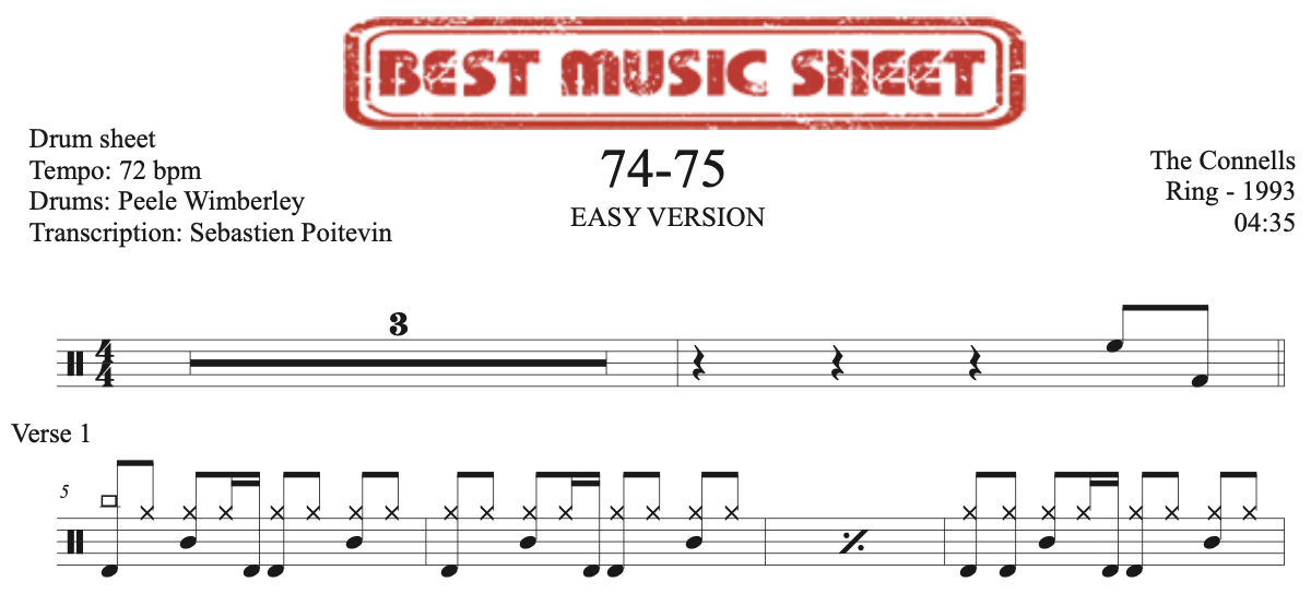 Sample drum sheet easy of 74-75 by The Connells