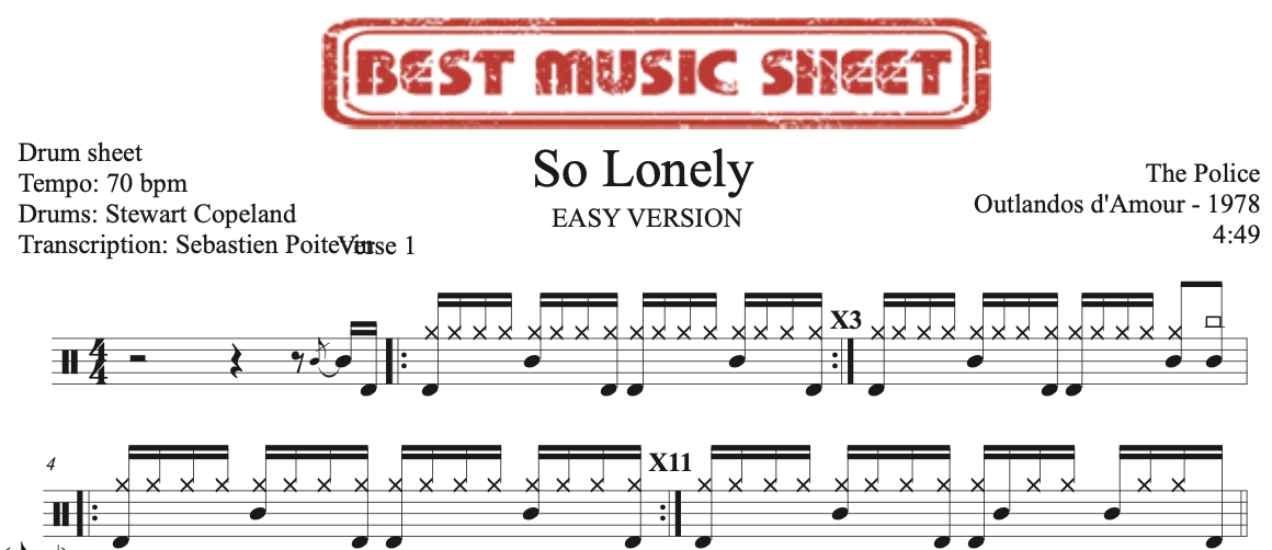 Extrait partition de batterie facile So Lonely par The Police
