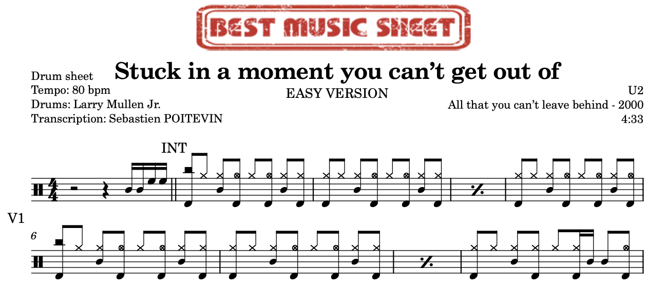 Sample drum sheet easy of Stuck in a moment you can’t get out of by U2