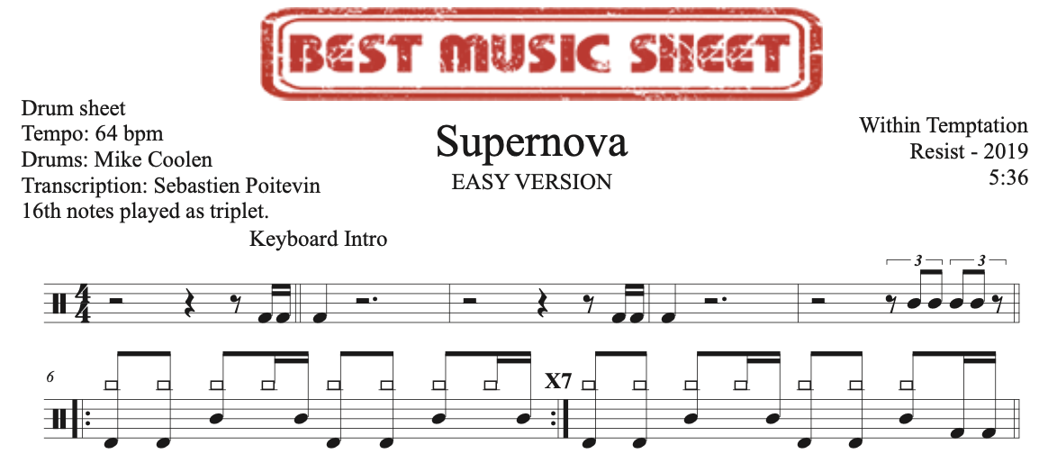 Sample drum sheet easy of Supernova by Within Temptation