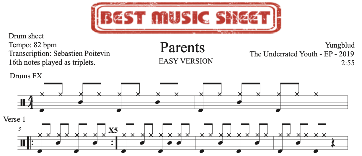 Sample drum sheet easy of Parents by Yungblud