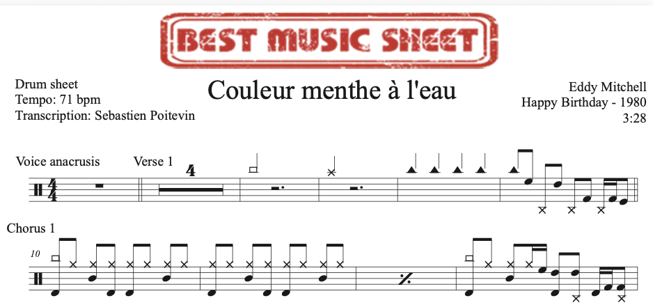 Extrait partition de batterie Couleur Menthe à l’Eau de Eddy Mitchell