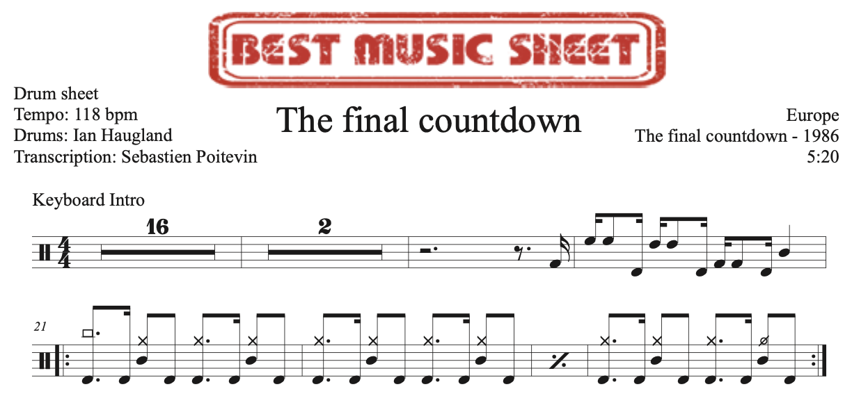 Extrait partition de batterie The Final Countdown de Europe