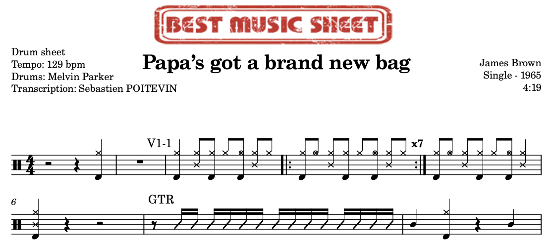 Sample drum sheet of Papa’s got a brand new bag by James Brown