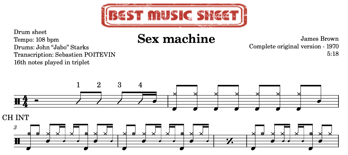 Sample drum sheet of Sex machine by James Brown