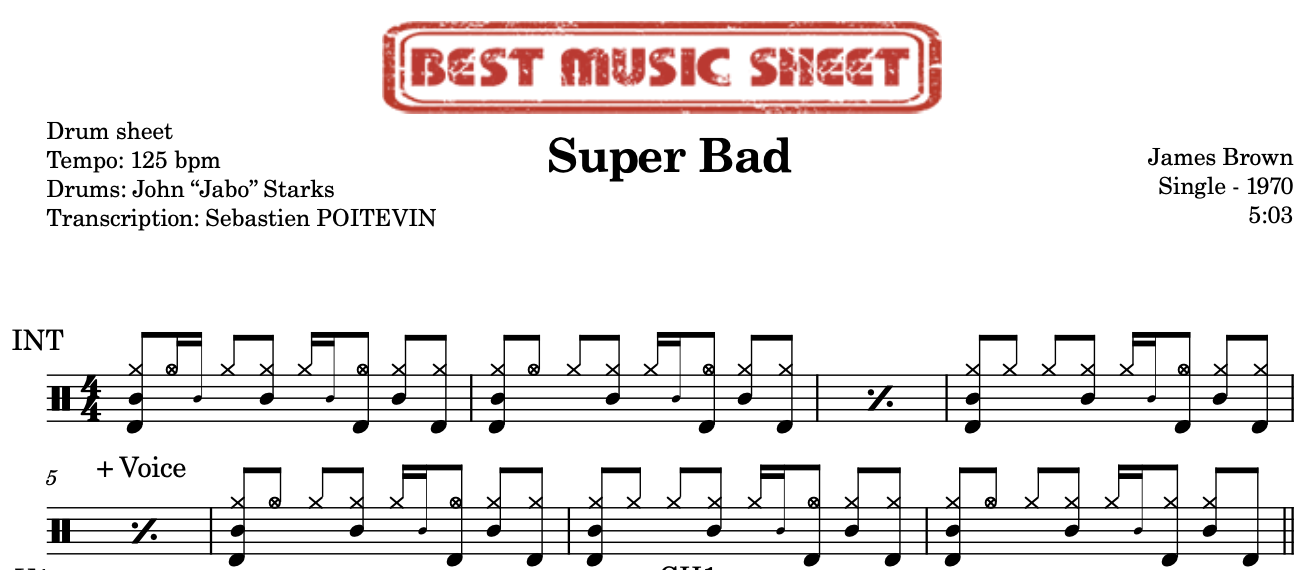 Sample drum sheet of Super Bad by James Brown