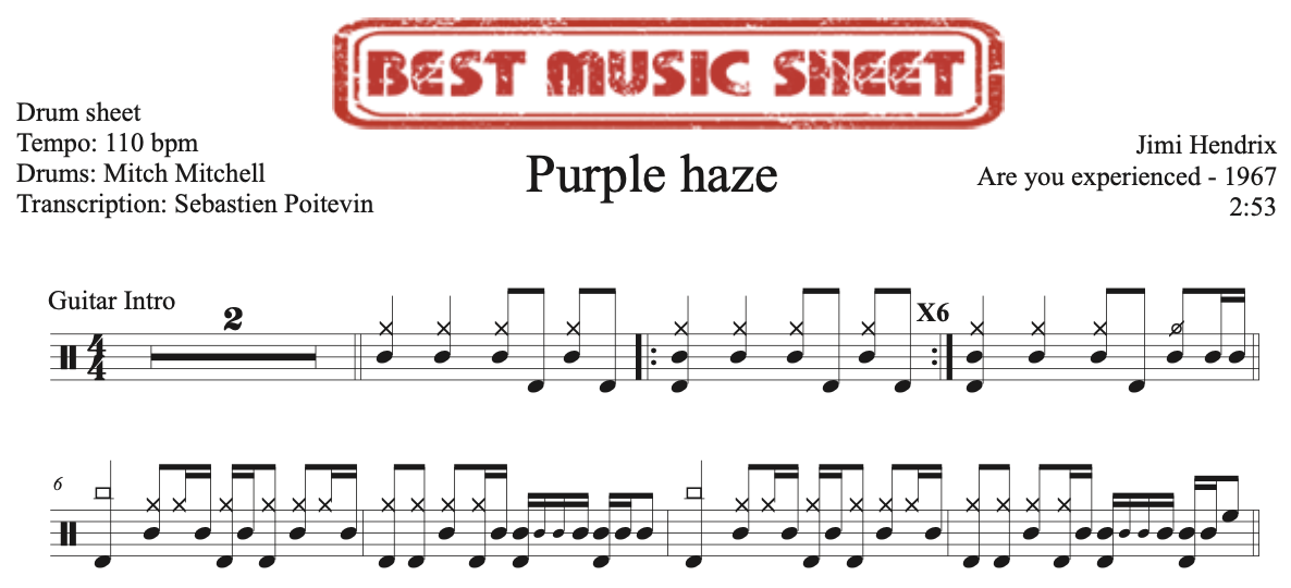 Extrait partition de batterie Purple Haze de Jimi Hendrix