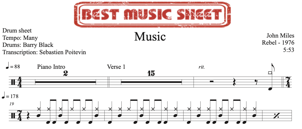 Extrait partition de batterie Music de John Miles