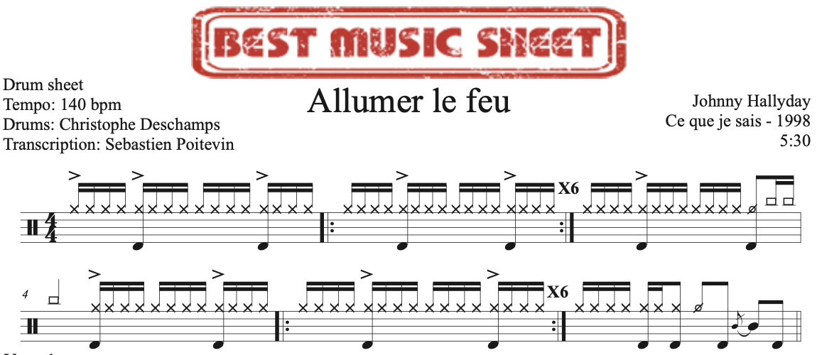 Extrait partition de batterie Allumer Le Feu de Johnny Hallyday