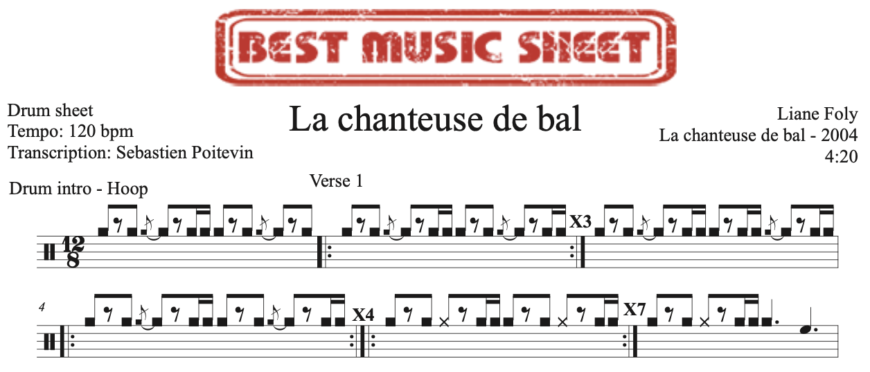 Extrait partition de batterie La Chanteuse de Bal de Liane Foly