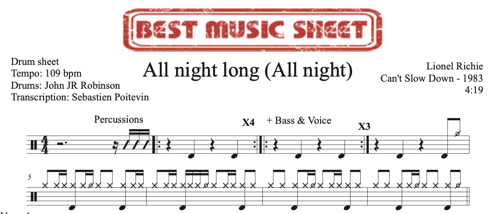 Sample drum sheet of All Night Long (All Night) by Lionel Richie