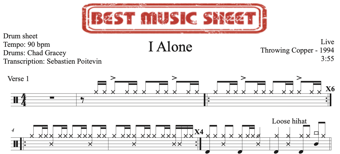 Sample drum sheet of I Alone by Live
