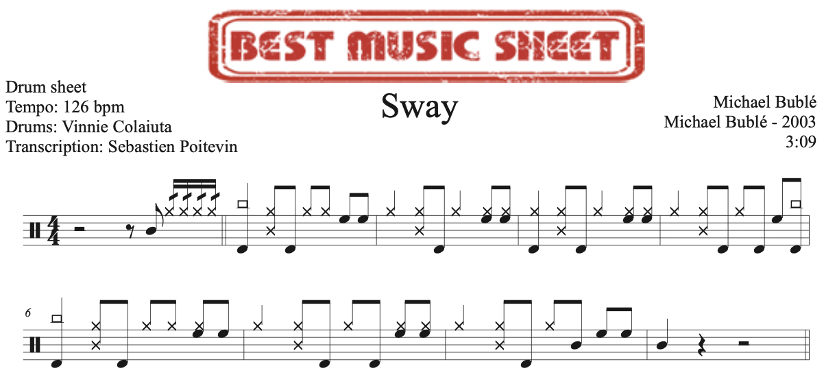 Sample drum sheet of Sway by Michael Buble
