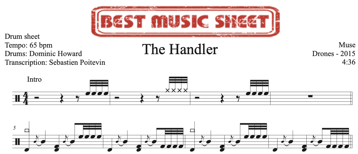 Sample drum sheet of The Handler by Muse