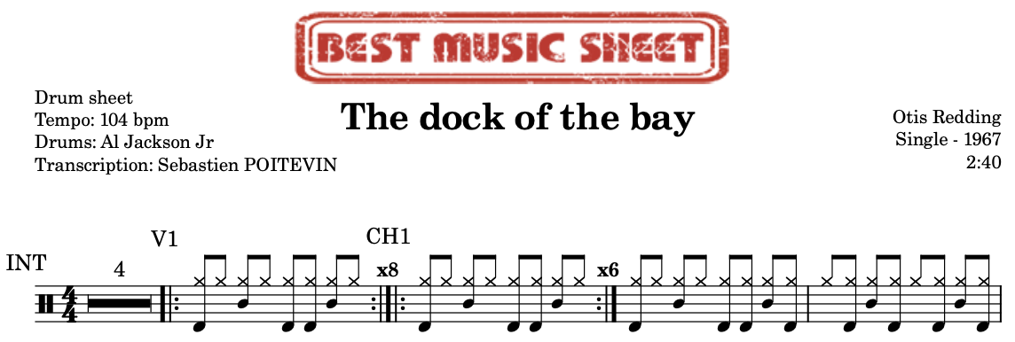 Sample drum sheet of The dock of the bay by Otis Redding