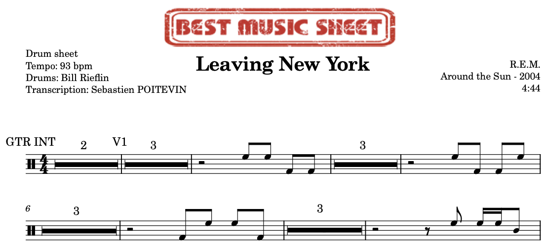 Sample drum sheet of Leaving New York by R.E.M.