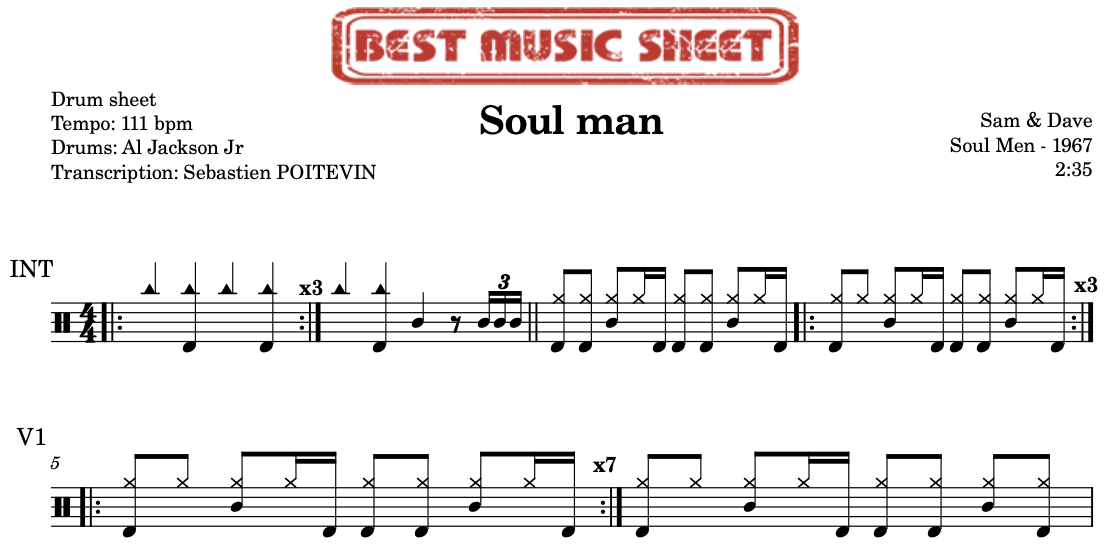 Sample drum sheet of Soul man by Sam & Dave