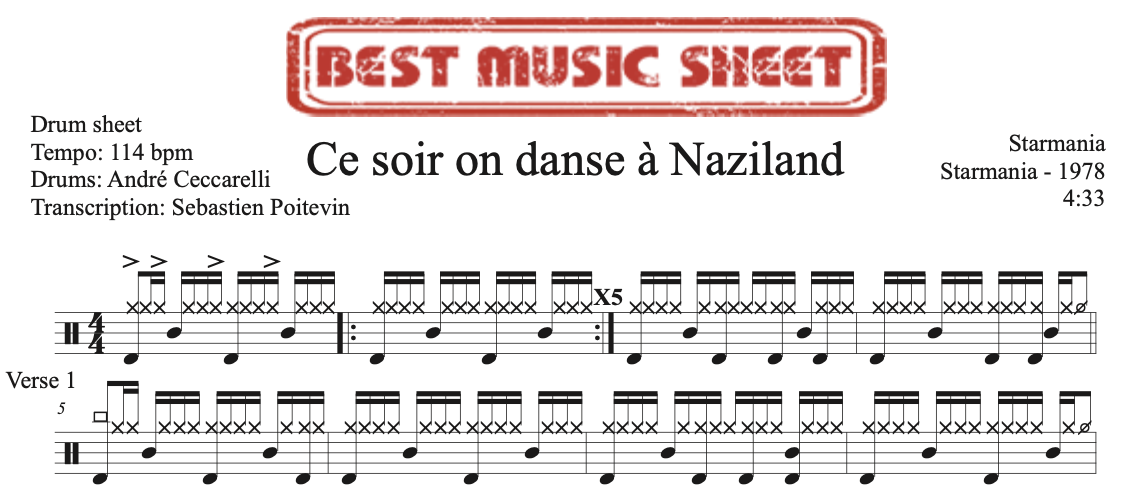 Sample drum sheet of Ce Soir On Danse à Naziland by Starmania